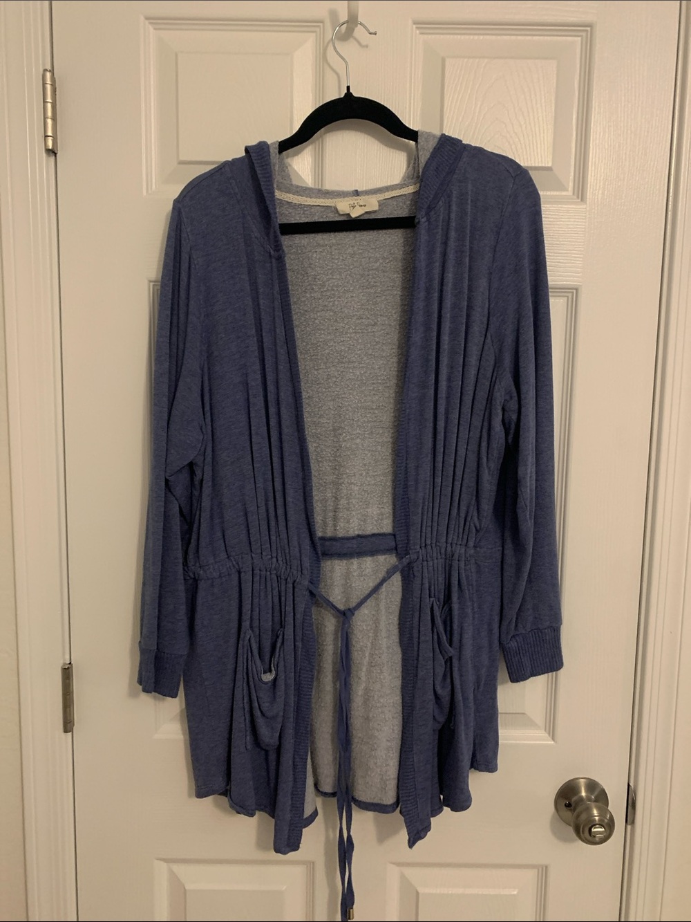 Women's Blue Open-Front Hooded Cardigan with Drawstring